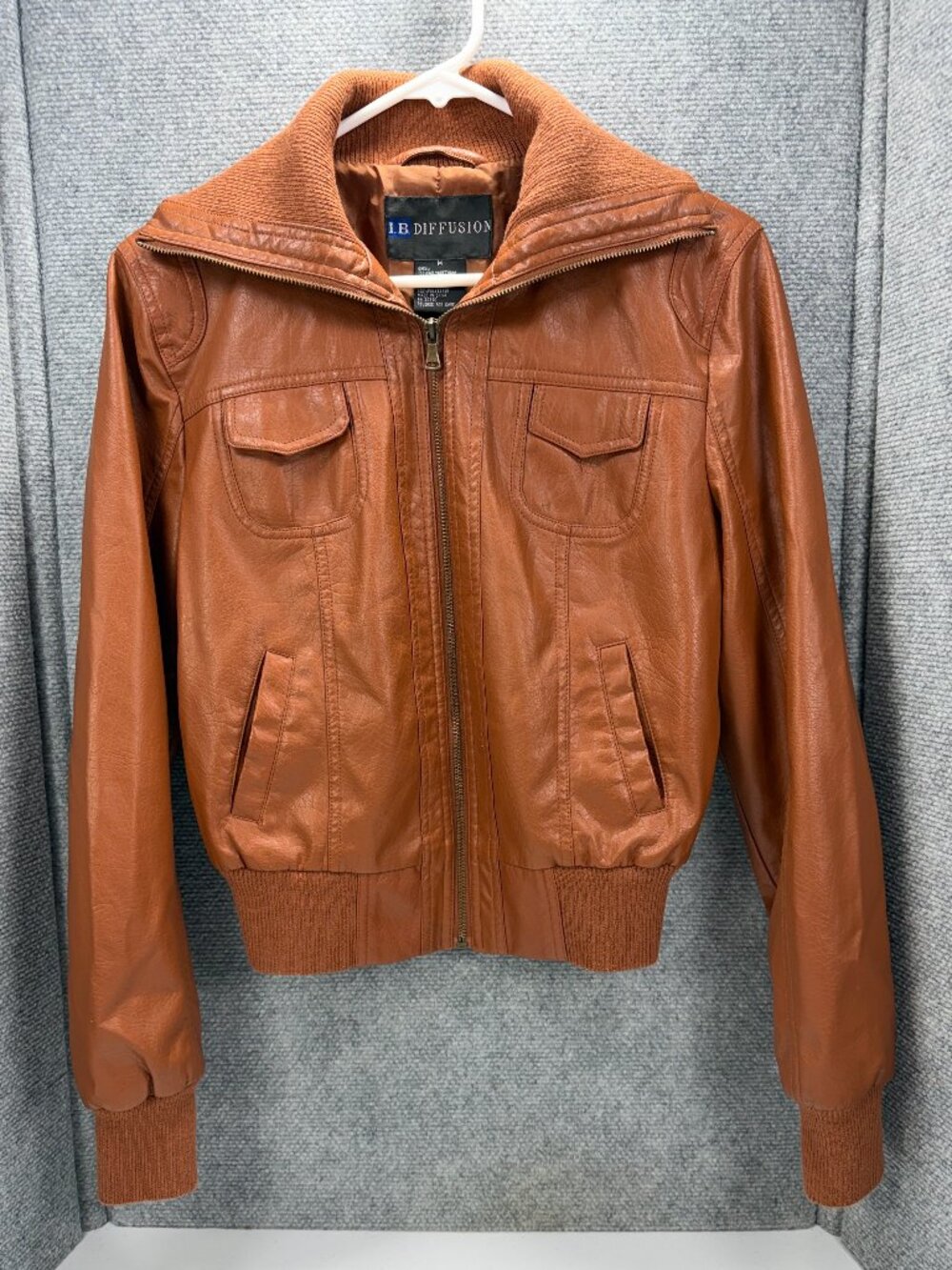 I.B. Diffusion Brown Faux Leather Bomber Jacket Women’s M Cognac Moto